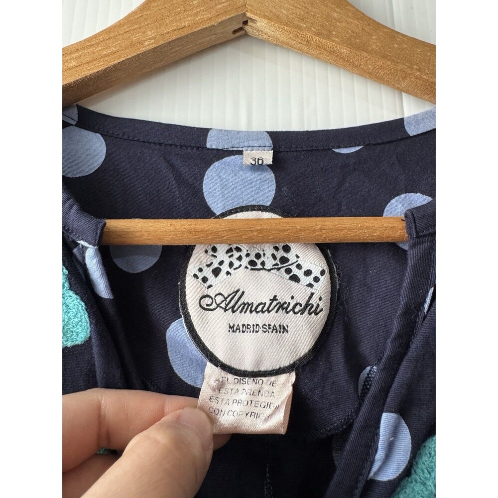 Almatrichi Madrid Spain Sz 36 Tunic Dress Navy Blue Polka Dot Floral Embroidered - Picture 3 of 12